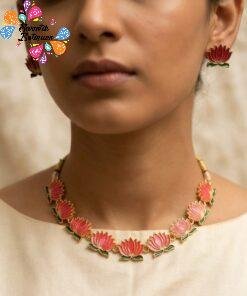 Dusty Magenta And Green  Lotus Designer Matte Finished  Necklace