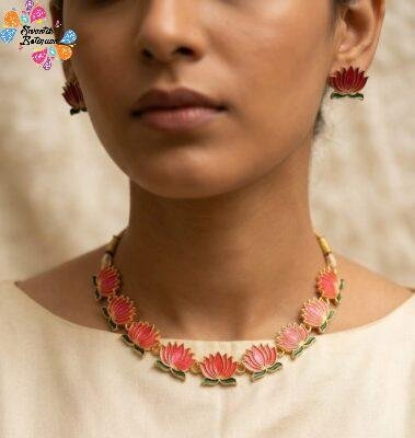 Dusty Magenta And Green  Lotus Designer Matte Finished  Necklace