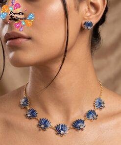 Midnight Royal Blue And White Stone Lotus Designer Matte Finished Necklace