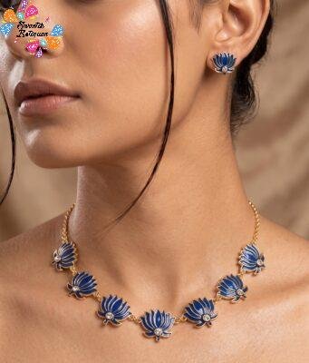 Midnight Royal Blue And White Stone Lotus Designer Matte Finished Necklace
