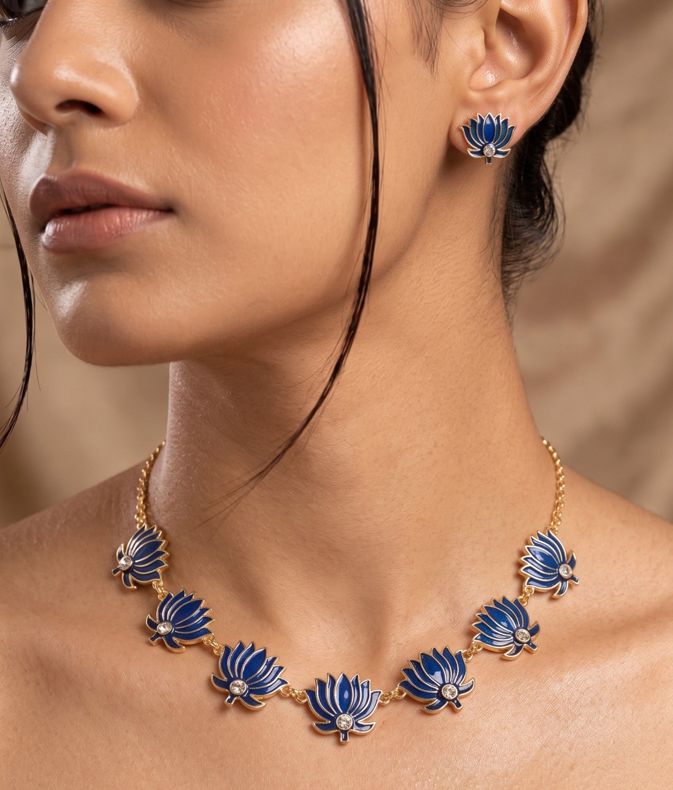 Midnight Royal Blue And White Stone Lotus Designer Matte Finished Necklace Midnight Royal Blue And White Stone Lotus Designer Matte Finished Necklace