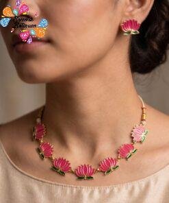 Magenta And Green Lotus Designer Matte Finished Necklace