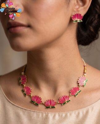 Magenta And Green Lotus Designer Matte Finished Necklace