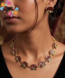 Deep Wine Maroon Lotus Designer Matte Finished Necklace