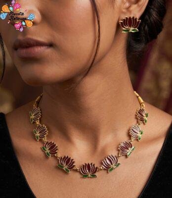 Deep Wine Maroon Lotus Designer Matte Finished Necklace