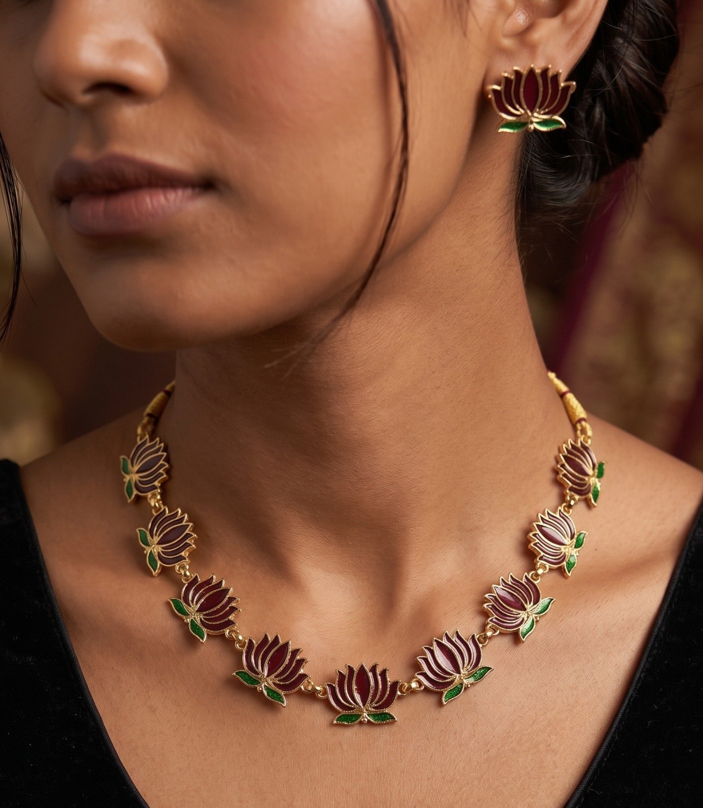 Deep Wine Maroon Lotus Designer Matte Finished Necklace Deep Wine Maroon Lotus Designer Matte Finished Necklace
