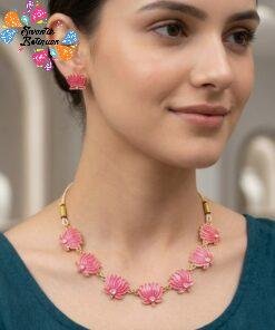 Magenta And White Stone Lotus Designer Matte Finished Necklace