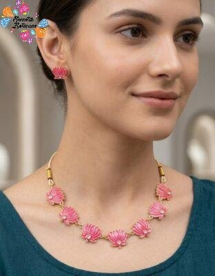 Magenta And White Stone Lotus Designer Matte Finished Necklace