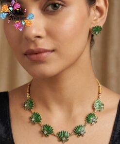 Green And White Stone Lotus Designer Matte Finished Necklace