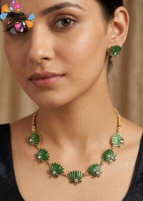 Green And White Stone Lotus Designer Matte Finished Necklace
