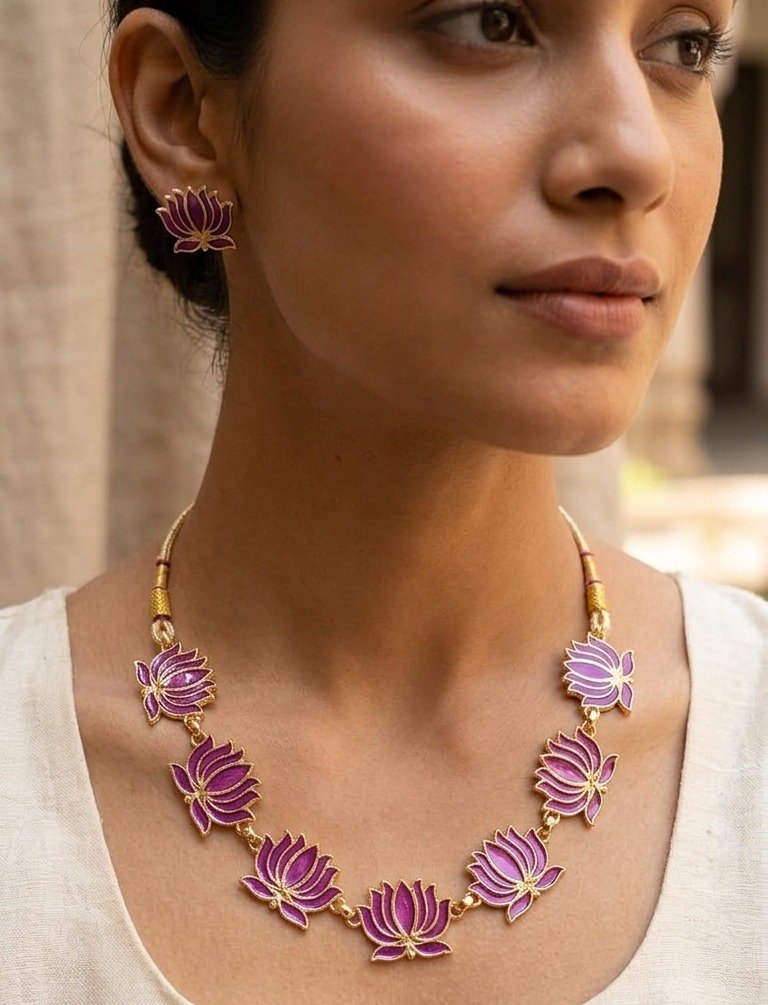 Berry Plum Lotus Designer Matte Finished Necklace Berry Plum Lotus Designer Matte Finished Necklace