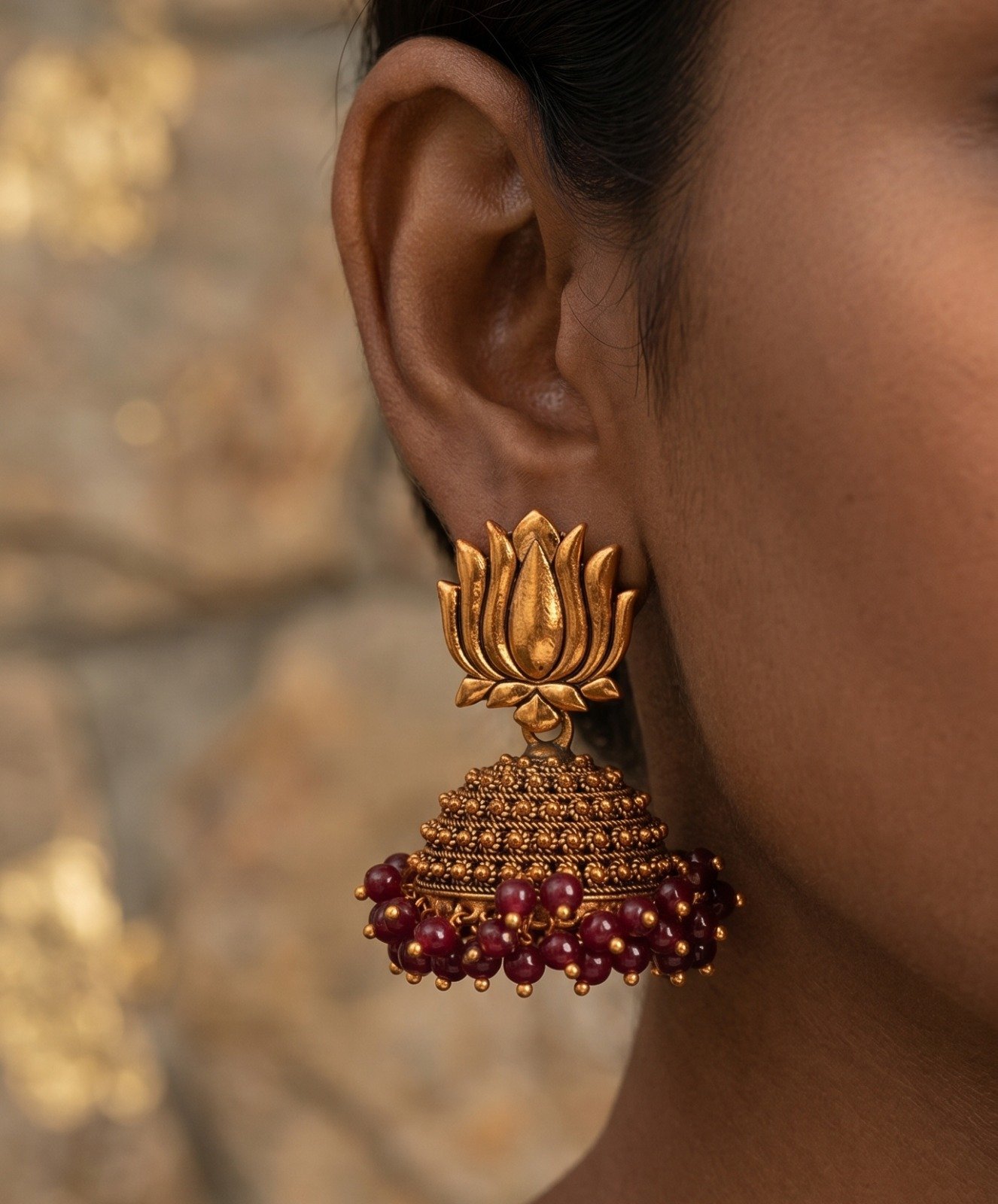 Dark Maroon Pearl With Lotus Designer Oxidised Gold Jhumkha Dark Maroon Pearl With Lotus Designer Oxidised Gold Jhumkha