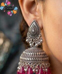 Pink Pearl And Floral Designer Oxidised Silver Jhumkha