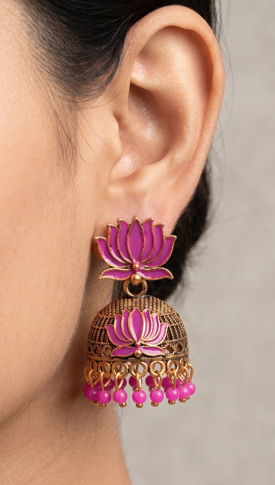 Pink Lotus Designer Oxidised Gold Jhumkha Pink Lotus Designer Oxidised Gold Jhumkha
