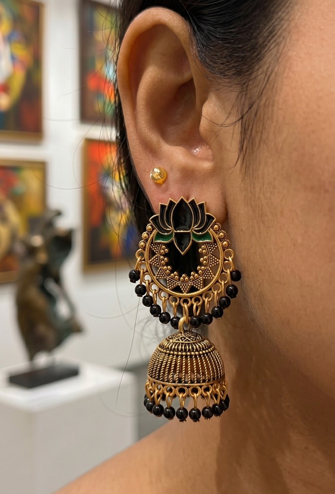 Black With Green Lotus Designer Oxidised Gold Jhumkha Black With Green Lotus Designer Oxidised Gold Jhumkha