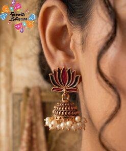 Dark Maroon With Green Lotus Designer Oxidised Gold Jhumkha