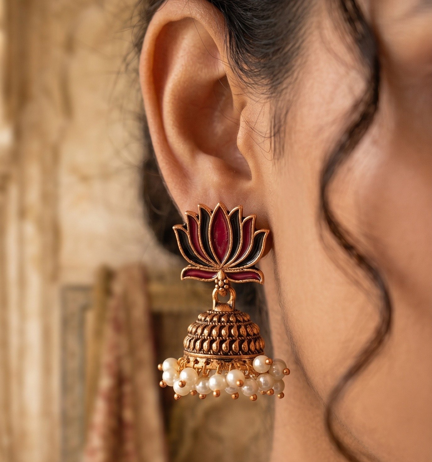 Dark Maroon With Green Lotus Designer Oxidised Gold Jhumkha Dark Maroon With Green Lotus Designer Oxidised Gold Jhumkha