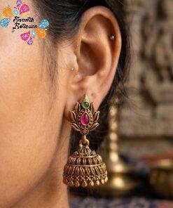 Pink And Green Stone With Floral Designer Oxidised Gold Jhumkha
