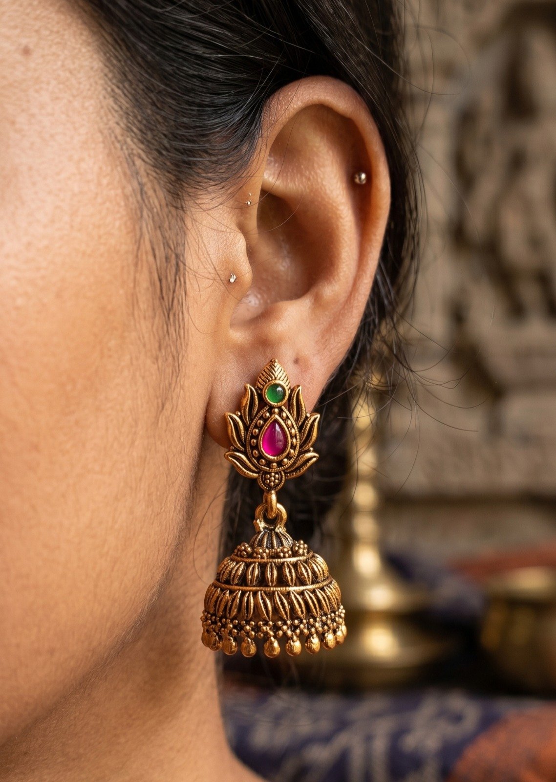 Pink And Green Stone With Floral Designer Oxidised Gold Jhumkha Pink And Green Stone With Floral Designer Oxidised Gold Jhumkha