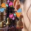 Dark Maroon Pearl With Lotus Designer Oxidised Gold Jhumkha