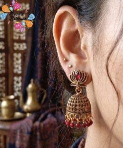 Dark Maroon Pearl With Lotus Designer Oxidised Gold Jhumkha