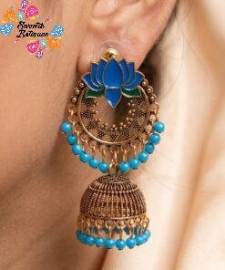 Sky Blue With Green Lotus Designer Oxidised Gold Jhumkha