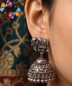 Elephant Designer  Oxidised Silver Jhumkha