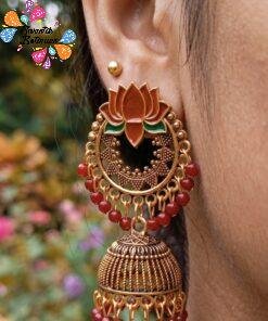 Brown With Green Lotus Designer Oxidised Gold Jhumkha
