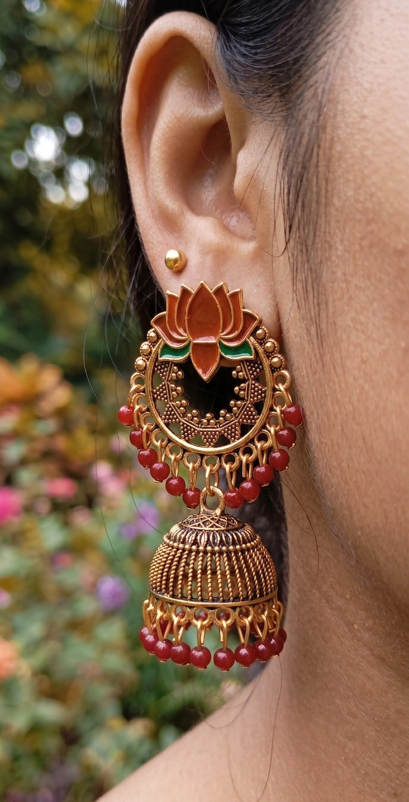 Brown With Green Lotus Designer Oxidised Gold Jhumkha Brown With Green Lotus Designer Oxidised Gold Jhumkha