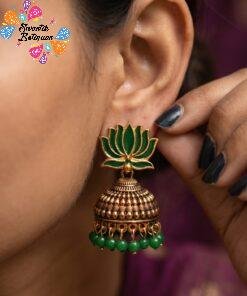 Green Lotus Designer Oxidised Gold Jhumkha
