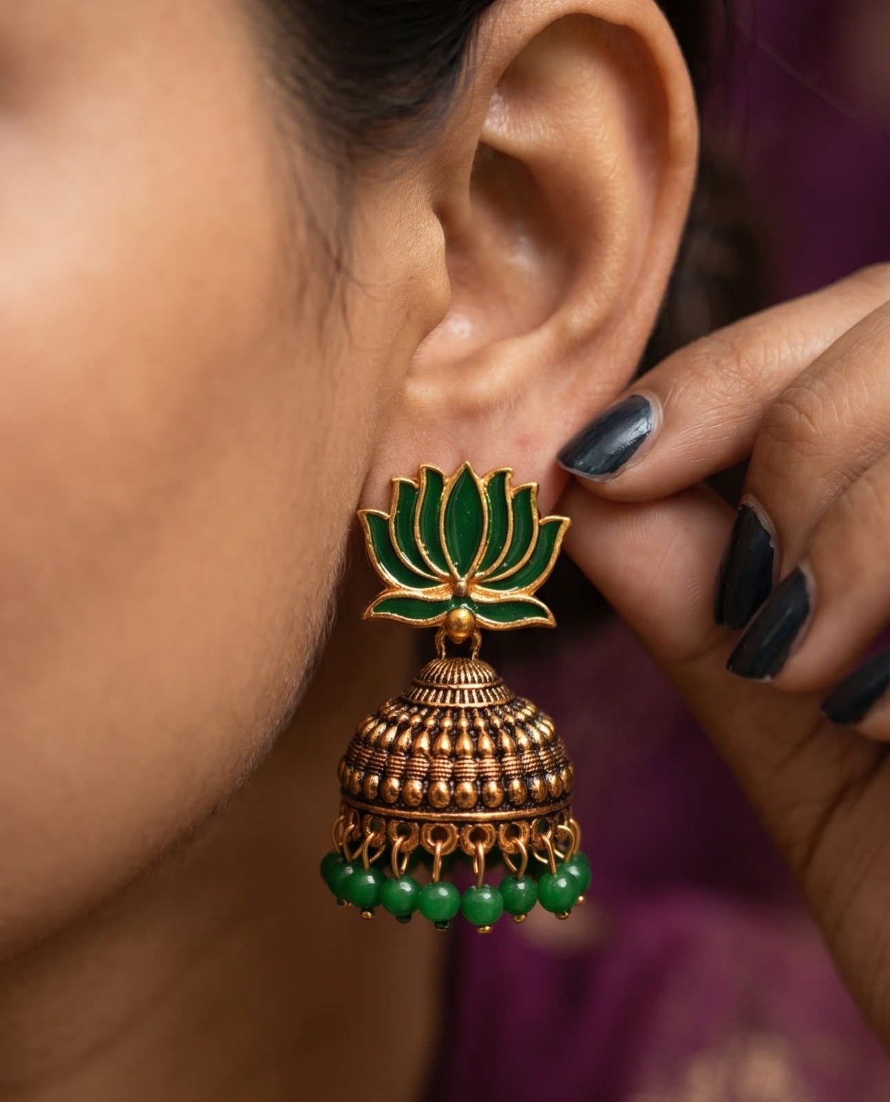 Green Lotus Designer Oxidised Gold Jhumkha Green Lotus Designer Oxidised Gold Jhumkha