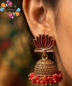 Deep Red Lotus Designer Oxidised Gold Jhumkha