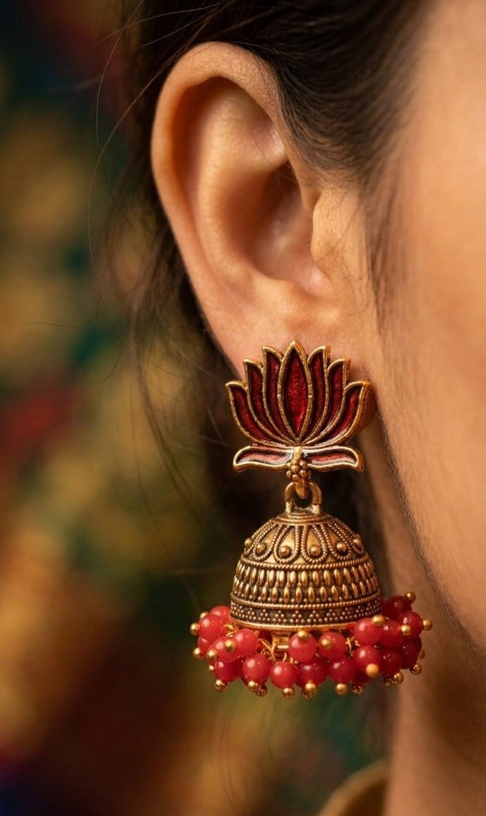 Deep Red Lotus Designer Oxidised Gold Jhumkha Deep Red Lotus Designer Oxidised Gold Jhumkha