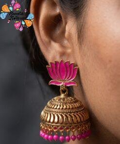 Pink Lotus Designer Oxidised Gold Jhumkha