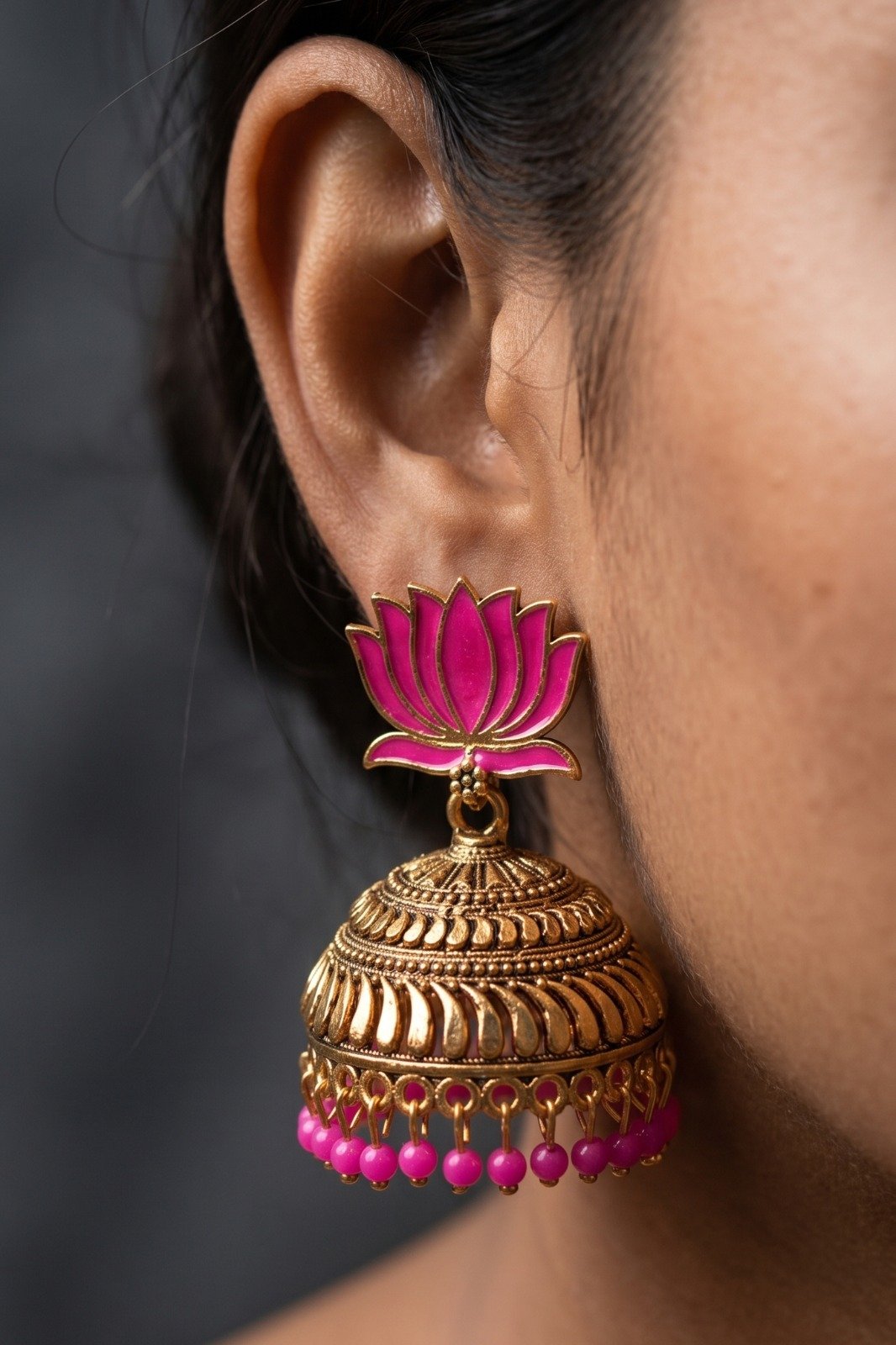 Pink Lotus Designer Oxidised Gold Jhumkha Pink Lotus Designer Oxidised Gold Jhumkha