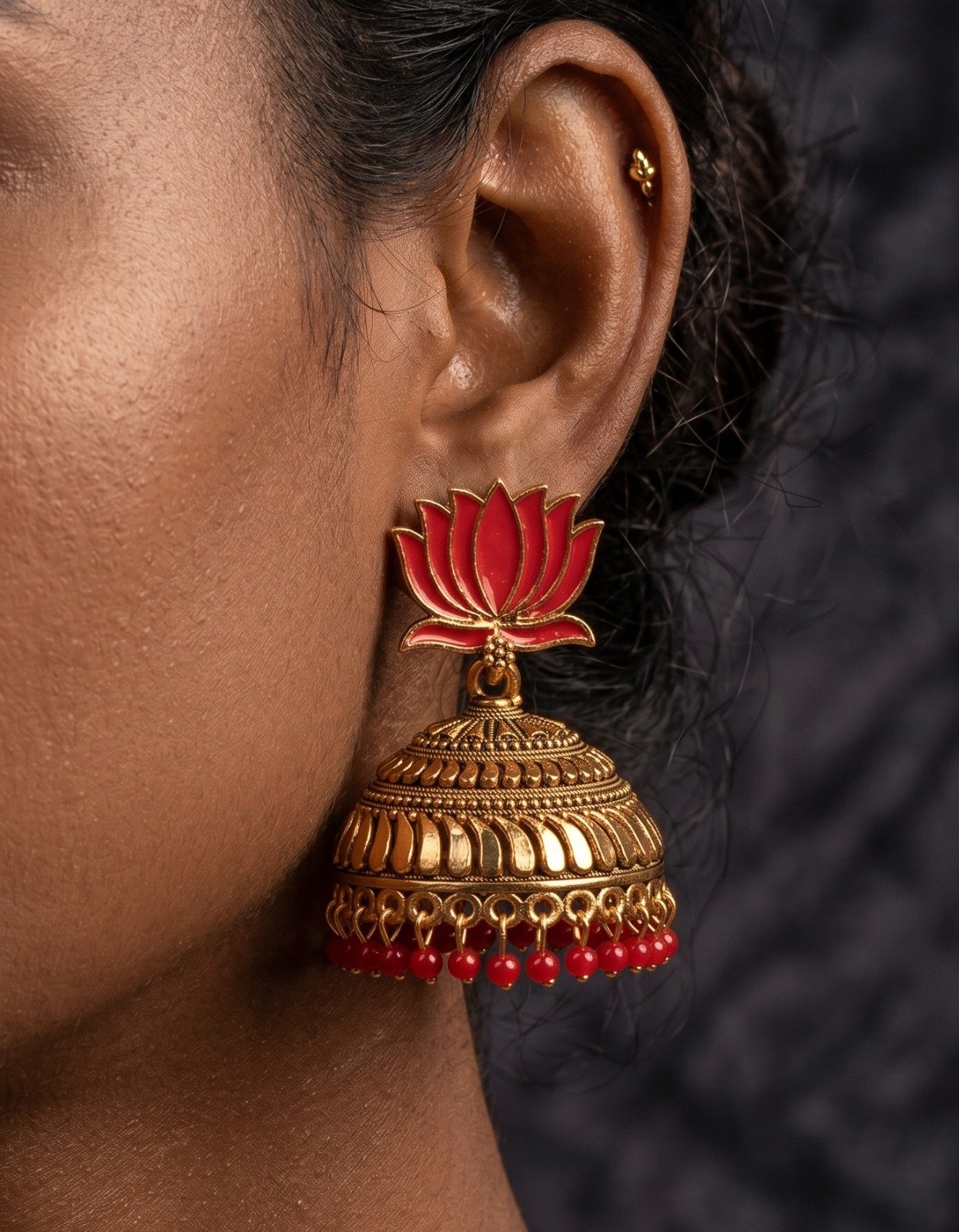 Red Lotus Designer Oxidised Gold Jhumkha Red Lotus Designer Oxidised Gold Jhumkha