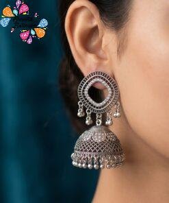White Stone With Diamond Designer Oxidised Silver Jhumkha