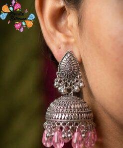 Pink Pearl And Floral Designer Oxidised Silver Jhumkha Pink Pearl And Floral Designer Oxidised Silver Jhumkha
