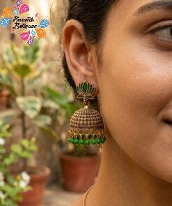 Fluo Green Pearl With Lotus Designer Oxidised Gold Jhumkha