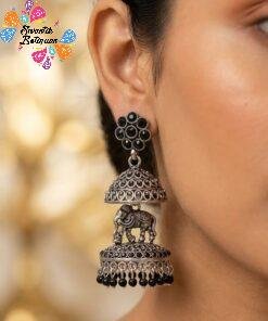 Alternative view of Elephant Designer Black Oxidised Silver Jhumkha