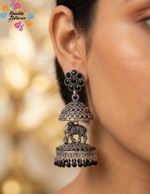 Elephant Designer Black Oxidised Silver Jhumkha