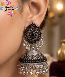 Black Stone With Flower Designer Oxidised Silver Jhumkha