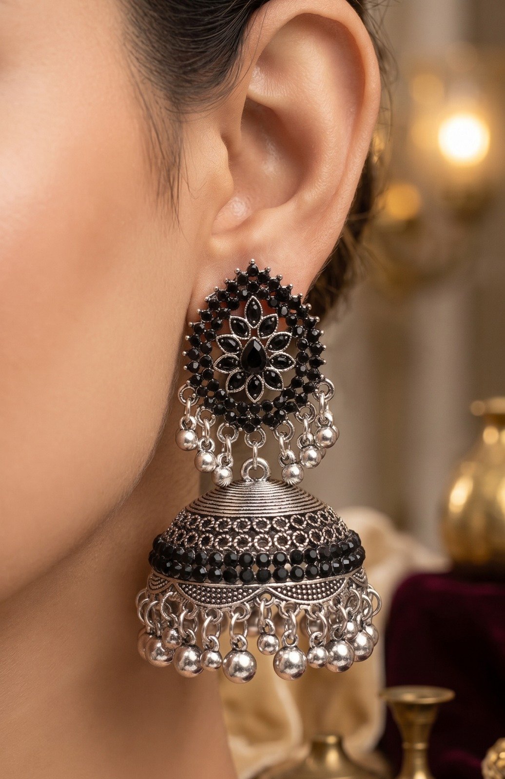 Black Stone With Flower Designer Oxidised Silver Jhumkha Black Stone With Flower Designer Oxidised Silver Jhumkha