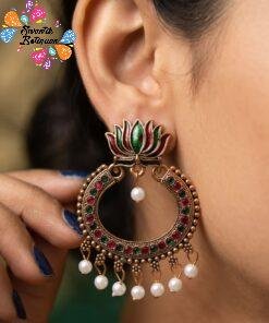 Dark Maroon With Green Lotus Designer  Oxidised Gold Earrings