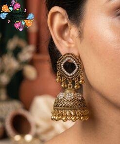 White Stone With Diamond Designer Oxidised Gold Jhumkha