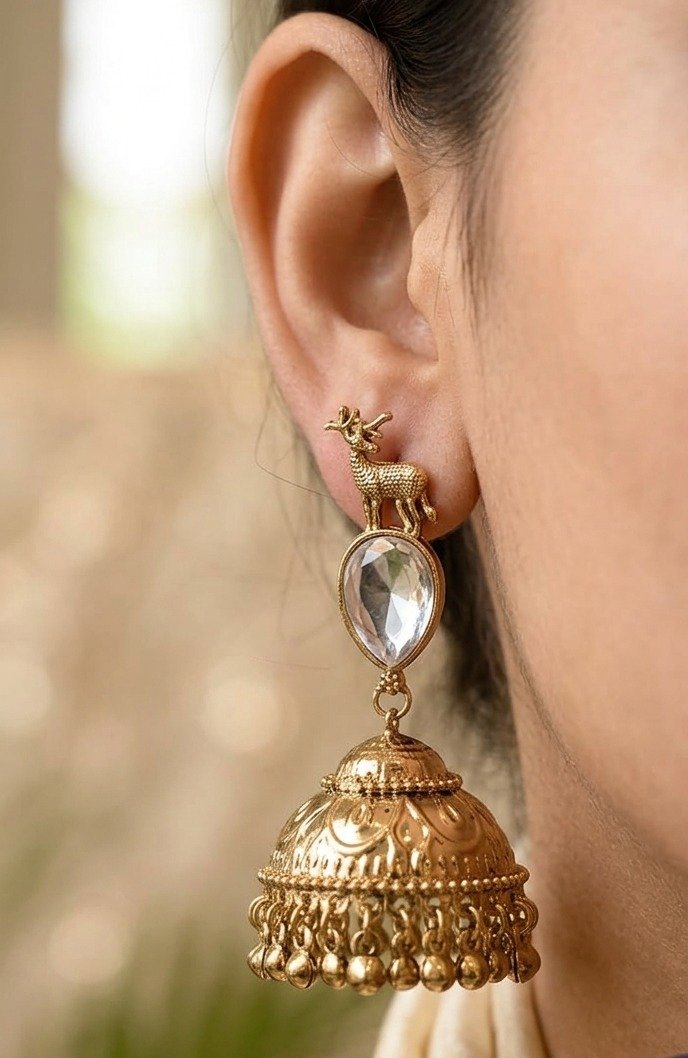 Deer Designer And White Stone Oxidised Gold Jhumkha Deer Designer And White Stone Oxidised Gold Jhumkha