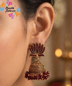 Dark Maroon Lotus Designer Oxidised Gold Jhumkha