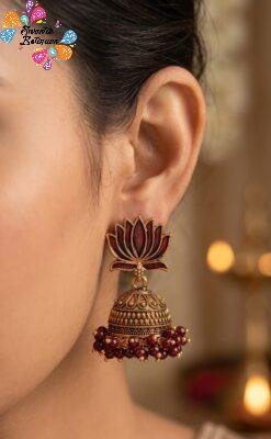 Dark Maroon Lotus Designer Oxidised Gold Jhumkha