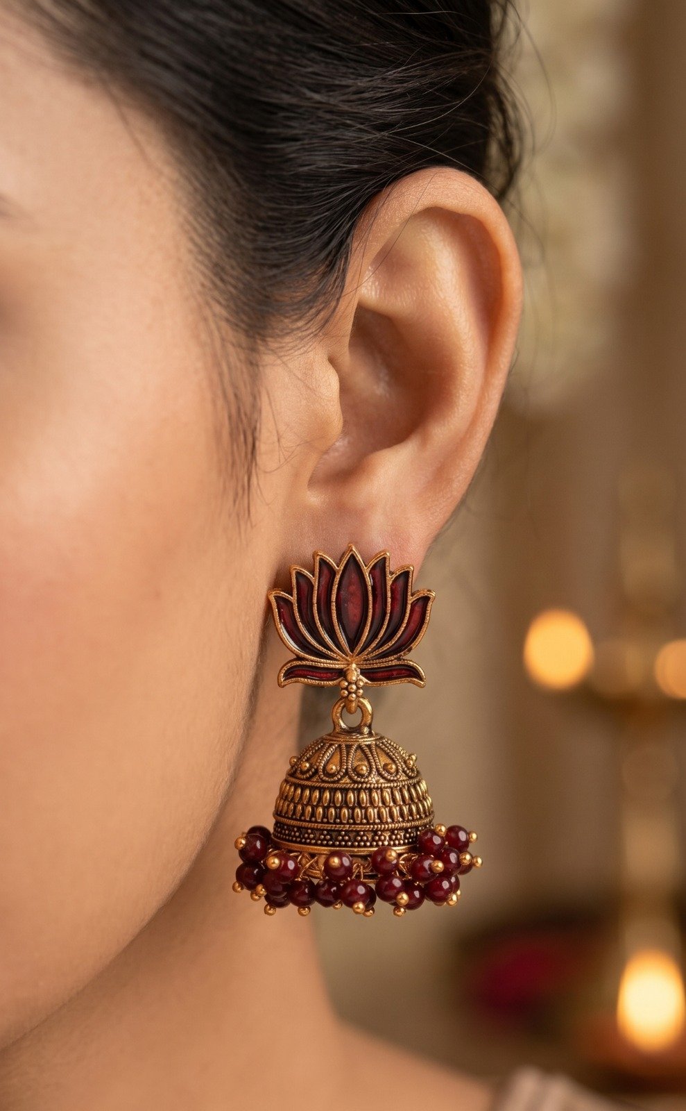 Dark Maroon Lotus Designer Oxidised Gold Jhumkha Dark Maroon Lotus Designer Oxidised Gold Jhumkha
