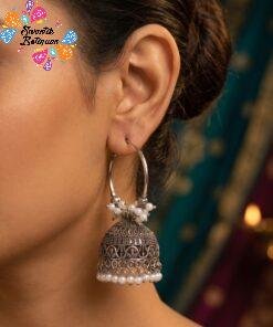 White Pearl And Floral Designer Oxidised Silver Jhumkha